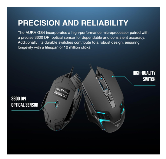 GAMDIAS Aura GS4 Multicolor Gaming Mouse, 6 Multi-Functional Keys, 3600-DPI Optical Sensor, Advanced